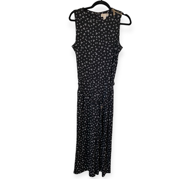 Michael Kors Black Floral Print Sleeveless Belted Gold Zipper Jumpsuit Sz M EUC‎ - Picture 1 of 8